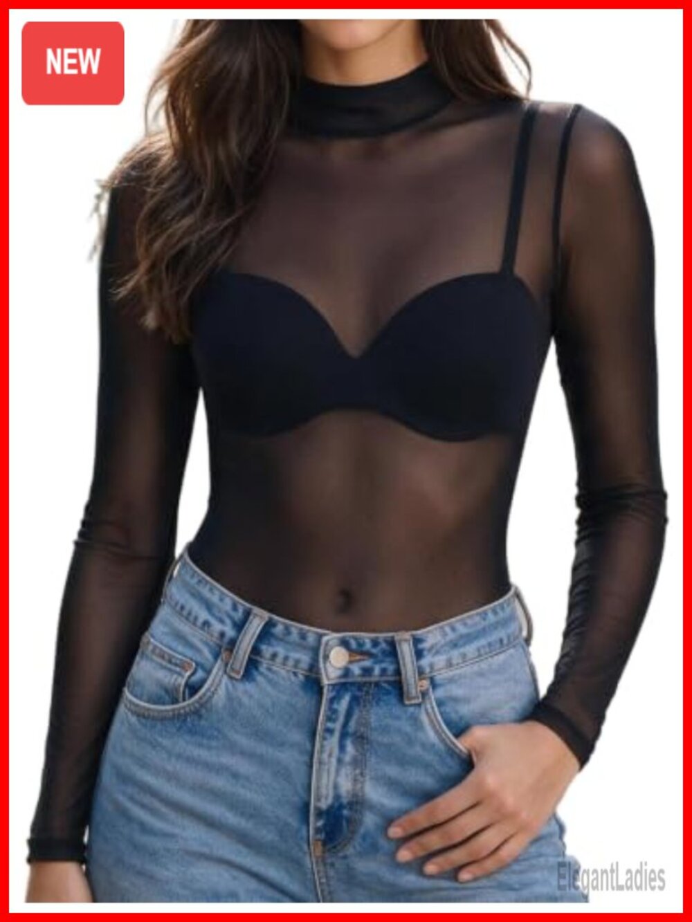 Mesh Long Sleeve Top Sheer Mock Neck Slim Fit Clubwear